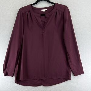 Pleione Women’s Blouse Sz S Wine Long Sleeve V Neck Polyester Career Office